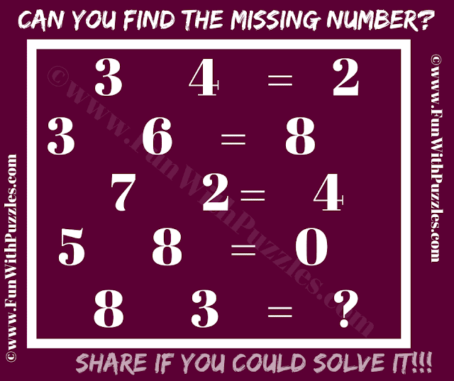 Can you find the missing number? If 3 4 = 2, 3 6 = 8, 7 2 = 4, 5 8 = 0 Then 8 3 = ?