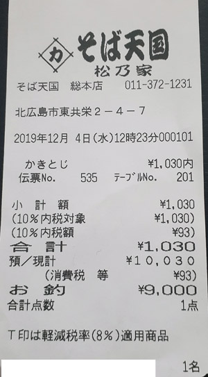 そば天国松乃家 総本店 2019/12/4 飲食のレシート