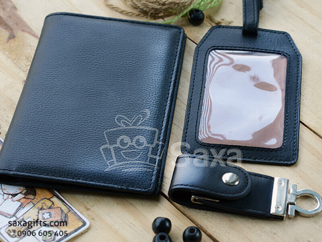 Bộ quà tặng văn phòng bằng da gồm ví tiền, thẻ hành lý và USB da – BVP002