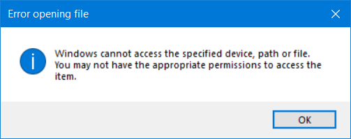Windows no puede acceder al dispositivo, ruta o archivo especificado