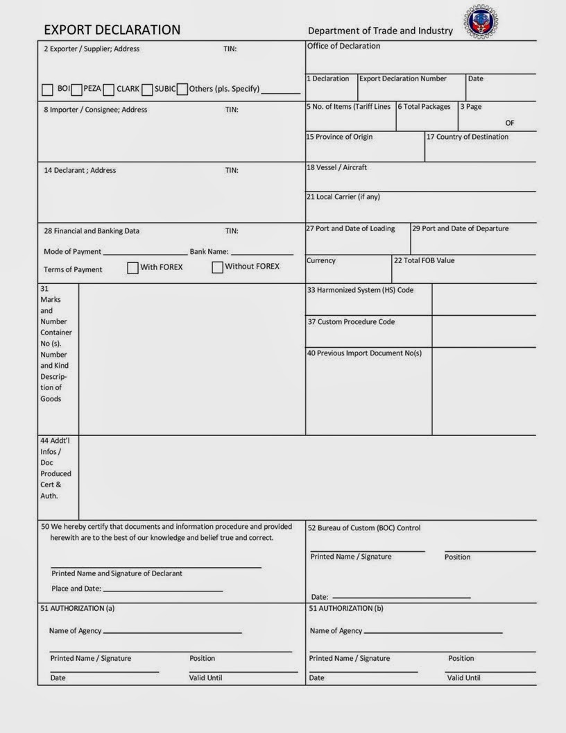 NCST Customs Administration Export Declaration and Certificate of Origin