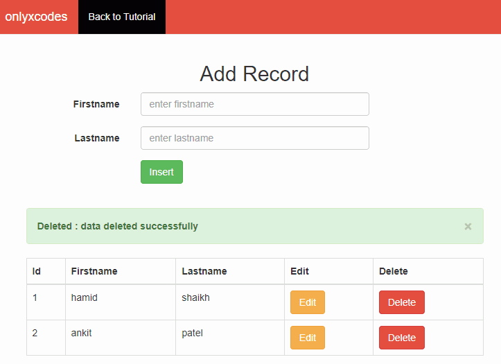 delete record with successfully message - crud class in php