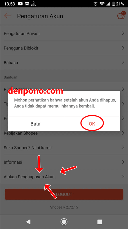 hapus akun untuk mengilangkan riwayat pesanan di shopee