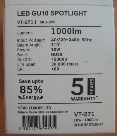 VT-271 - Bombillas de LED GU10 SAMSUNG Chip GU10 10W Milky Cover - 5 años  Garantía