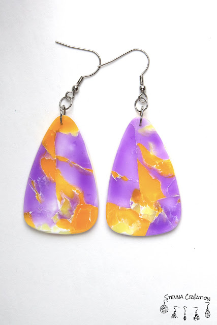 Boucles d'oreilles en pâte polymère Imitation Marbre Violet Jaune Translucent Stenna Création