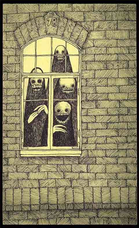 four monsters behind the window halloween pencil  drawings by John Kenn