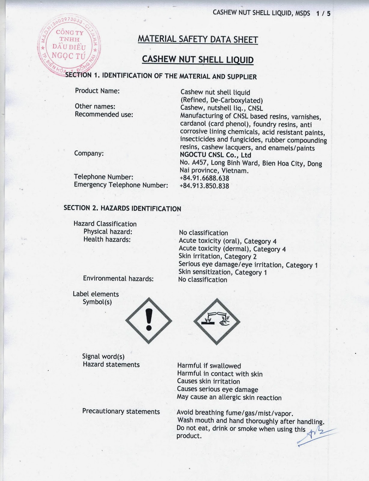 MSDS cashew nut shell oil NGOCTU CNSL Co.,Ltd