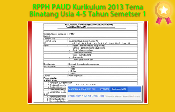 RPPH PAUD Kurikulum 2013 Tema Binatang Usia 45 Tahun