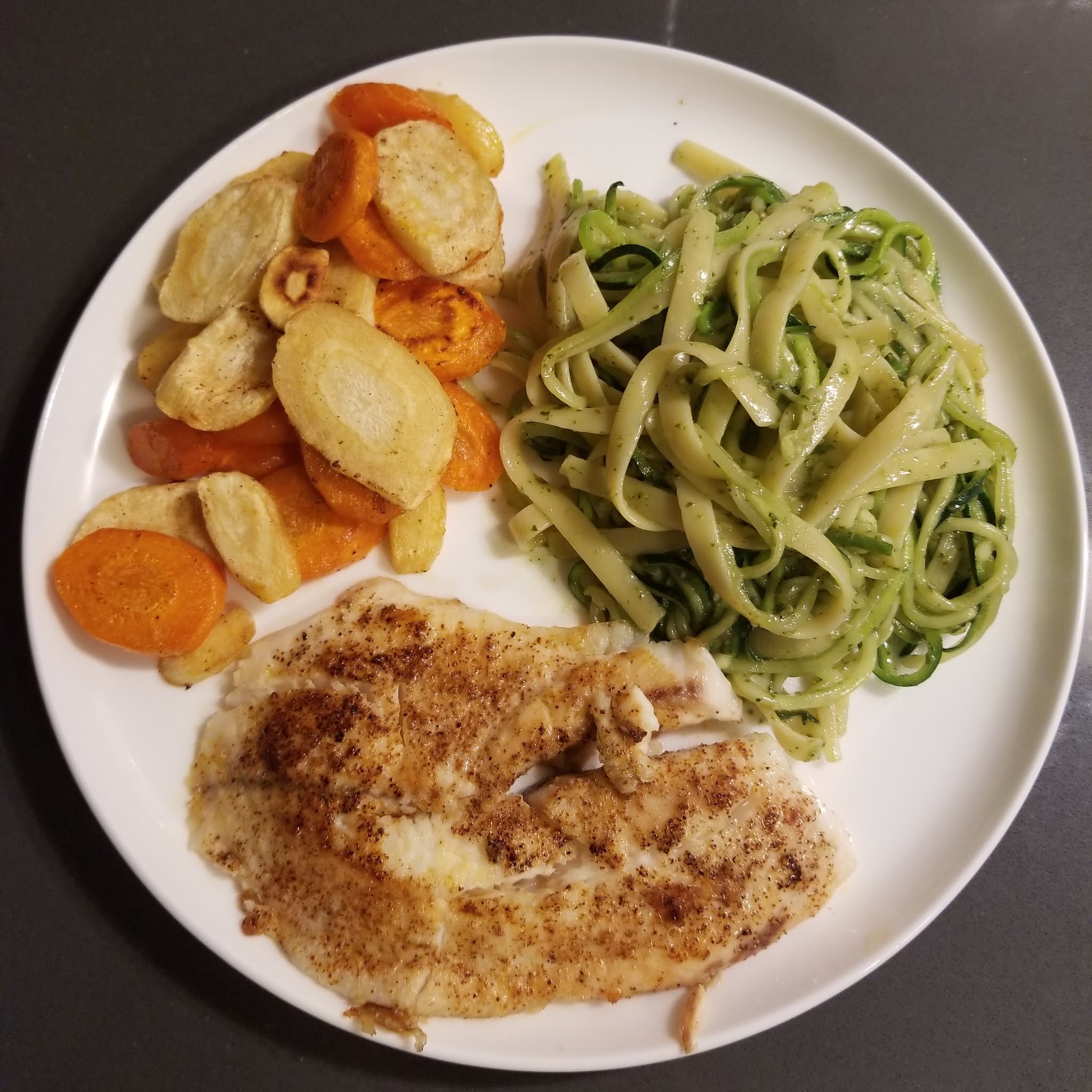 Tilapia, Pesto Zucchini Noodles, and Roasted Carrots and Parsnips