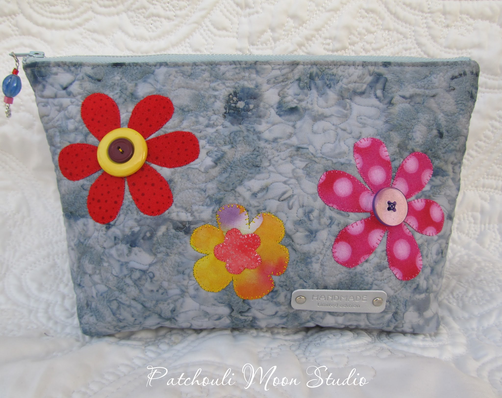 Patchouli Moon Studio: Quilted Zipper Pouch with Flower Applique