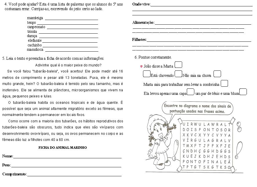 Fichas de Avaliação: 4º ano, Língua Portuguesa - Atividades Educativas