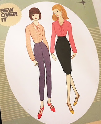 The front of a sewing pattern showing two women in pussybow blouses