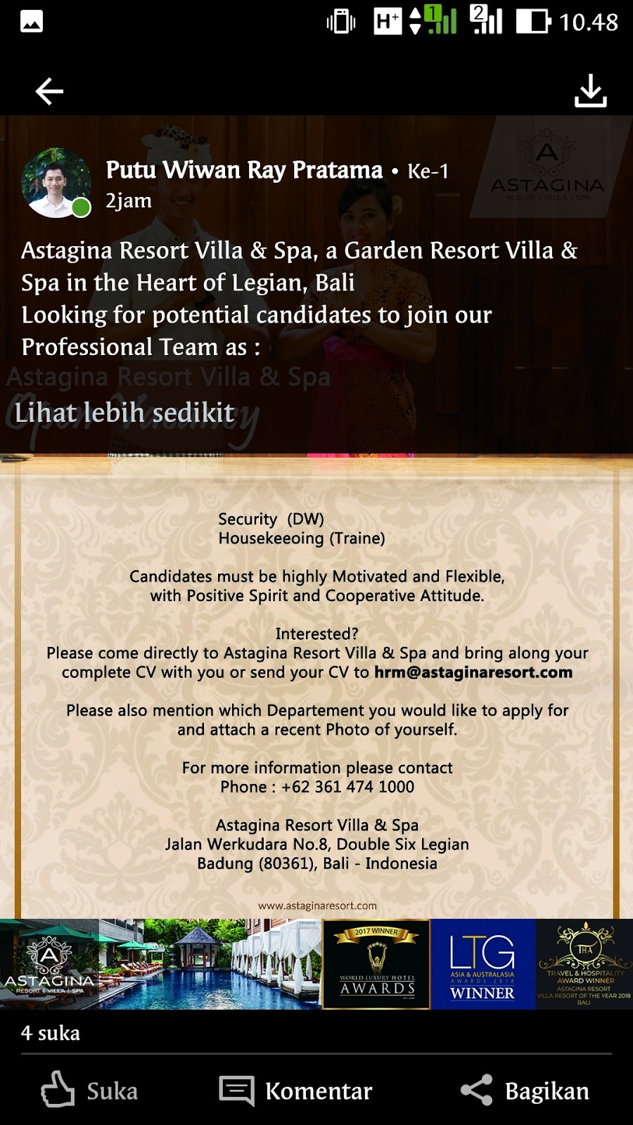 Lowongan Kerja ASTAGINA RESORT VILLA & SPA BALI (2 POSISI) - lowongan