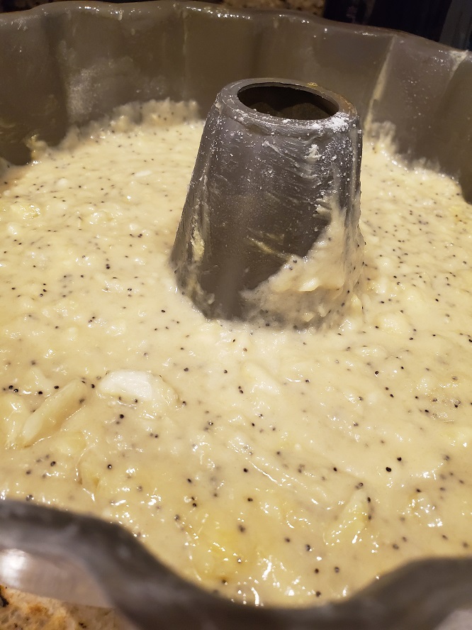 This is the batter for a zucchini almond poppy seed bundt cake