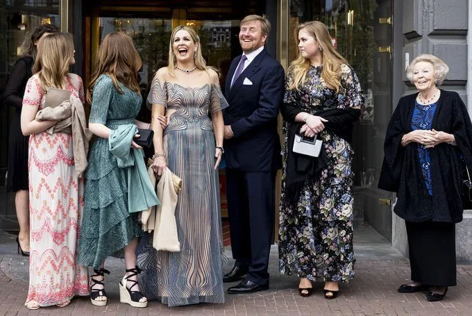 Princess Amalia and Princess Ariane in maxi dress by Needle & Thread, Princess Alexia in green dress by Maje, Maxima in blue dress by Iris van Herpen