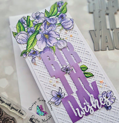 Slim line floral card, Birthday card, crafty Meraki dies, Crafty Meraki floral stamps, Purple flowers card, Copic coloring, Quillish, Crafty Plaid slimline die