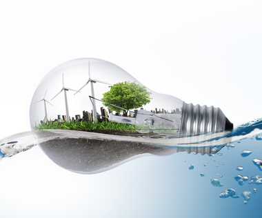 A city with windturbines, grass, and trees in a light bulb