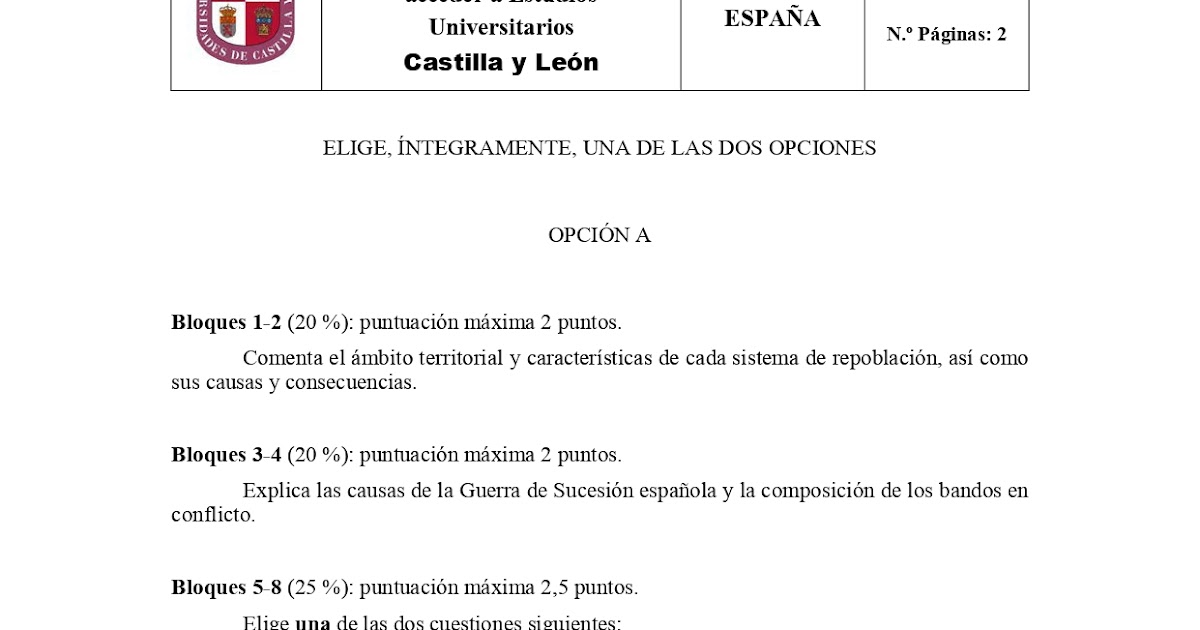 Examen de Historia de España. EbAU de Castilla y León. Convocatoria de Examen de Historia de España. EbAU de Castilla y León. Convocatoria de