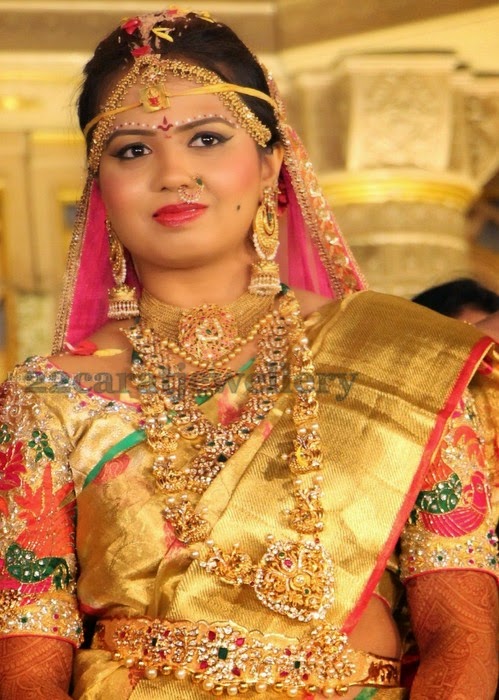 Bride in Tussi Necklaces and Chandbalis - Jewellery Designs