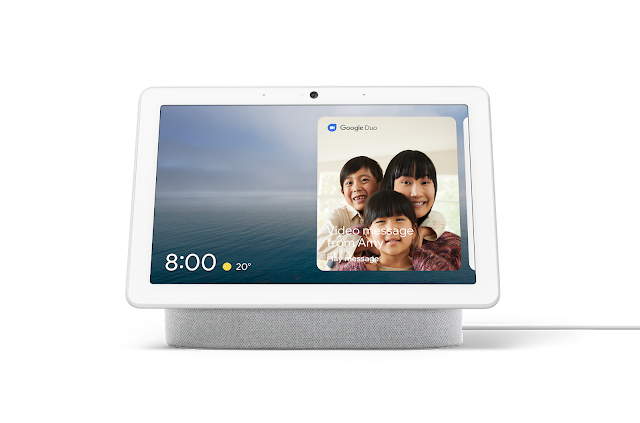 An image showing the new Google Nest Hub Max, with the a video call message notification on the display