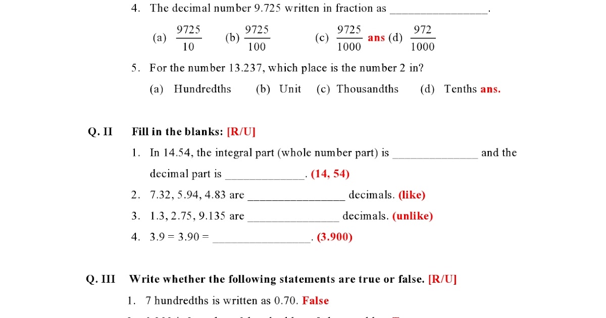 Math Ch- Decimals Workbook work