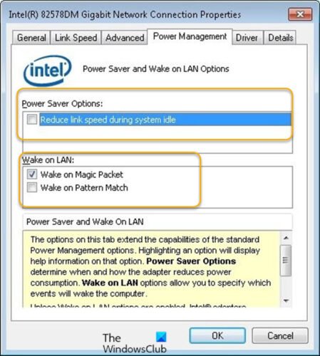 Configure los ajustes de administración de energía de NIC-2