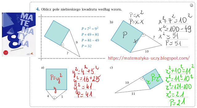 ćw. 1, 2 i  3 str. 34 "Matematyka z plusem 8" - Twierdzenie Pitagorasa (zeszyt ćwiczeń podstawowych )