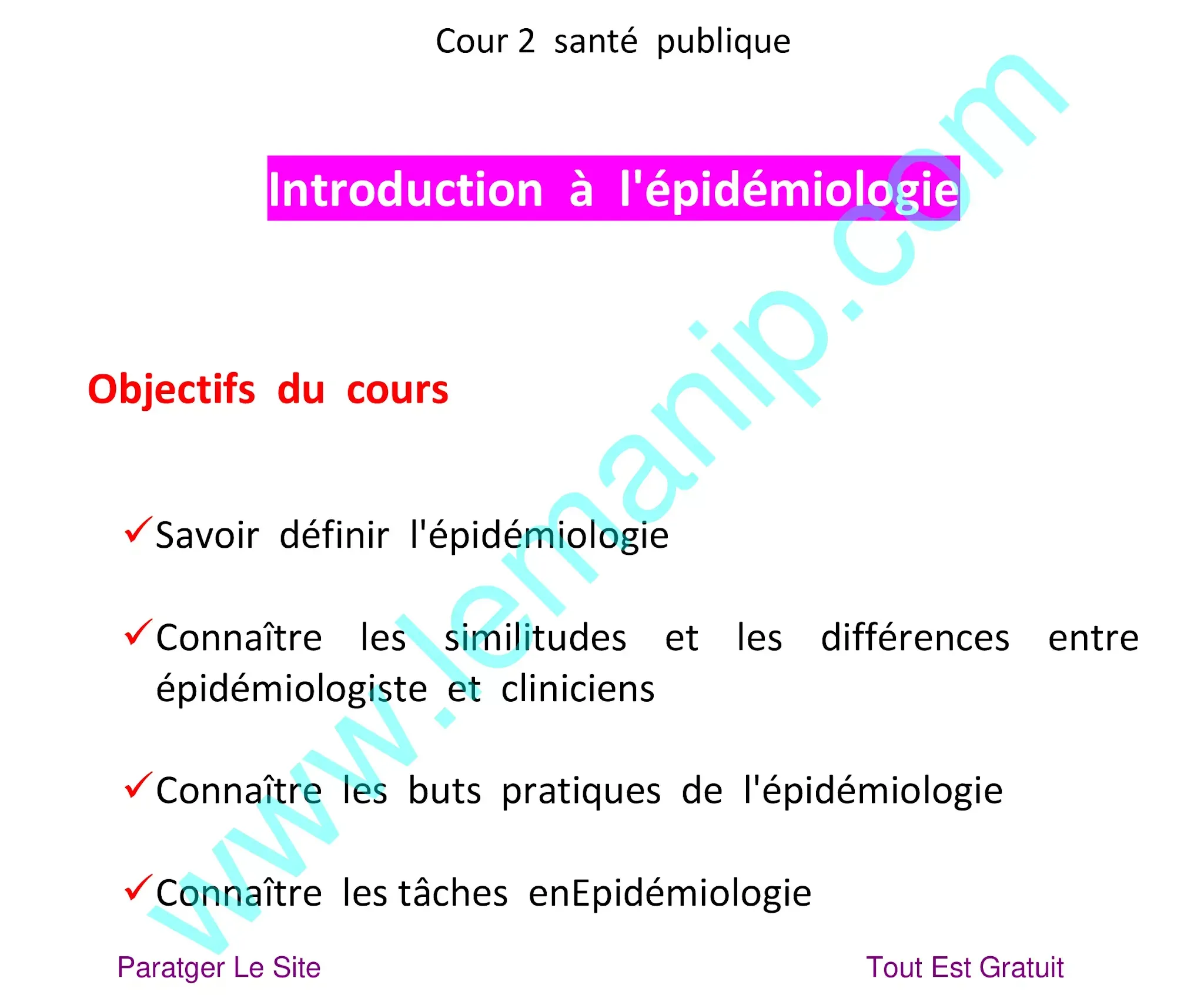 Objectifs du cour 2 du Introduction à l'épidémiologie