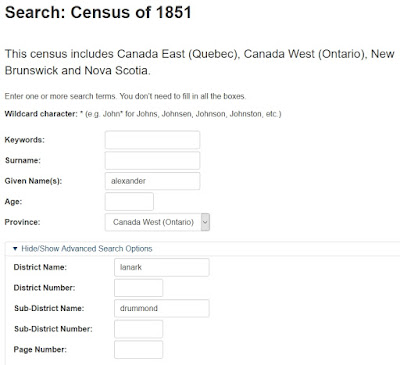 Screen capture of the Library and Archives Canada Census of 1851 Search Database screen with minimal details about Alexander of Drummond Sub-District, Lanark District entered.