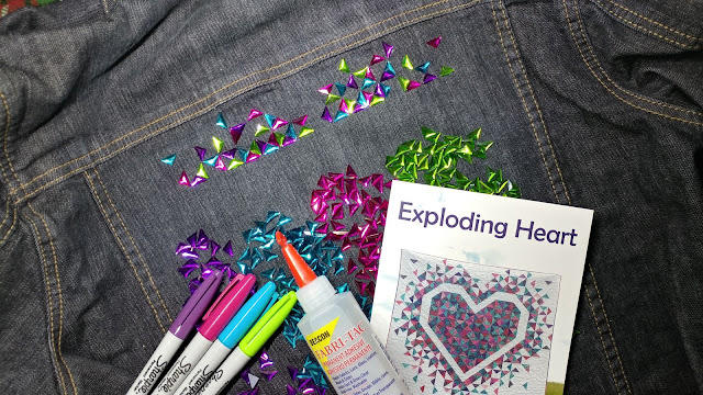 Making an Exploding Heart quilt with rhinestones on an upcycled denim jacket