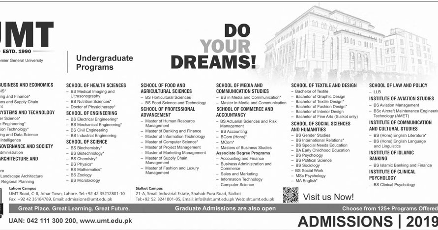 UMT Admissions Schedule 2019-20 | UMT Admissions Fall 2019-20