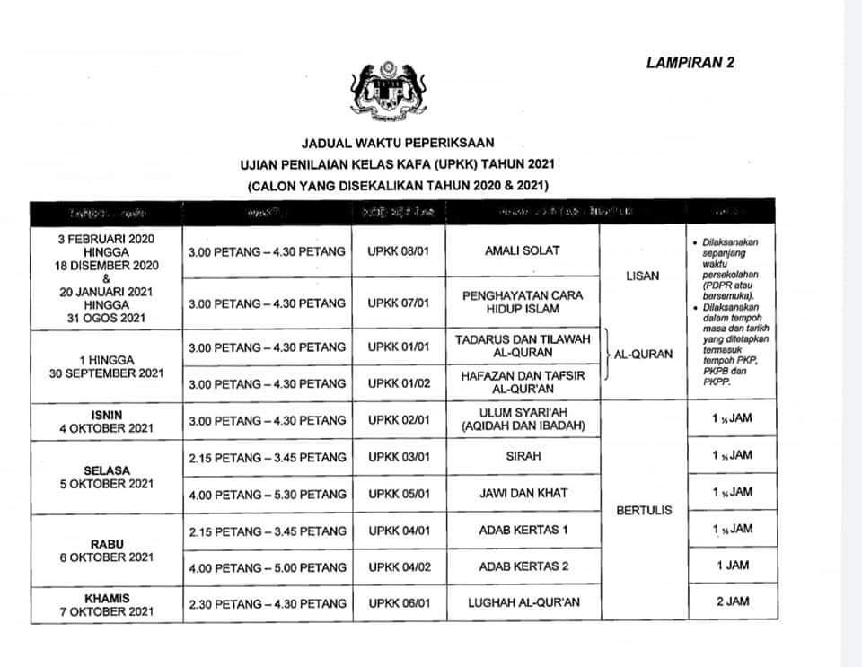 Jadual Peperiksaan Upkk Calon 2020 Dan 2021