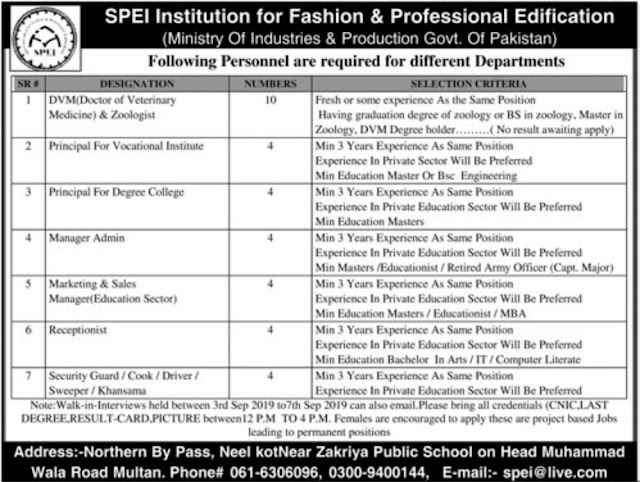 SPEI Institution for Fashion & Professional Edification Multan Jobs 2019