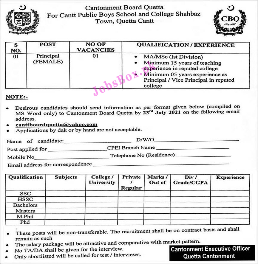 Cantonment Board Quetta Jobs 2021 – Cantt Boys Public School & College Jobs