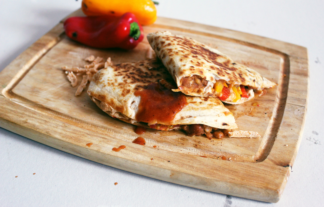 Blog vegan quesadilla with pinto beans and pepper jack cheese