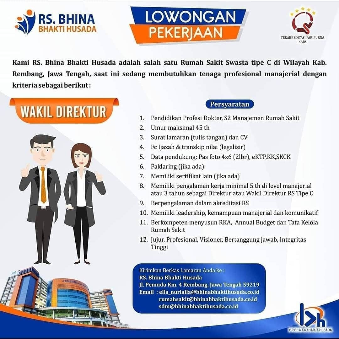 Lowongan Kerja Wakil Direktur Rumah Sakit Bhina Bhakti Husada Rembang