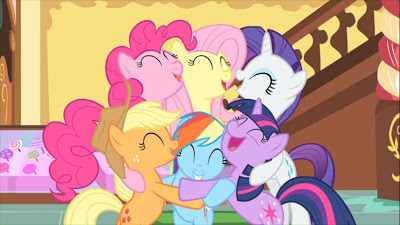 The Mane Six hug at the end of "The Cutie Mark Chronicles"