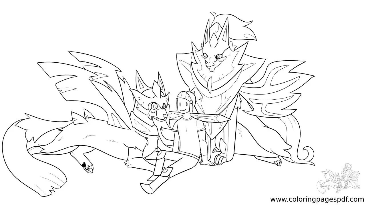Coloring Page Of Both Zacian Forms With A Warrior
