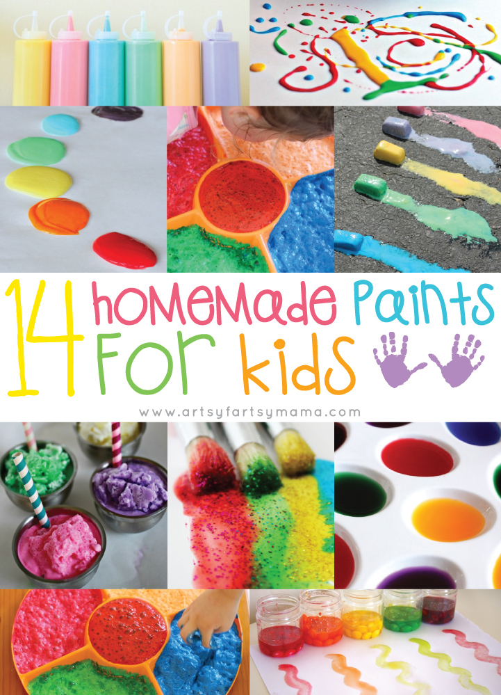 14 Homemade Paints for Kids at artsyfartsymama.com #kidscrafts #recipes