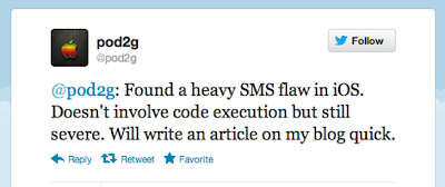 Tweet di Pod2g nel quale dichiara di aver trovato un bug negli SMS di iOS