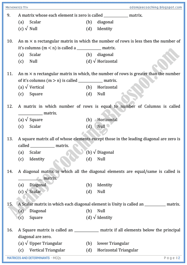 Adamjee Coaching Matrices and Determinants MCQs Mathematics 11th