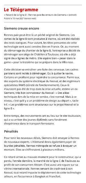 « Retard de la ligne B : Rennes paie les erreurs de Siemens » - Article du Télégramme de Brest - 10 Mai 2021
