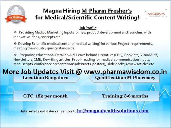 Magna Health Solutions Hiring M.Pharm Freshers for Medical