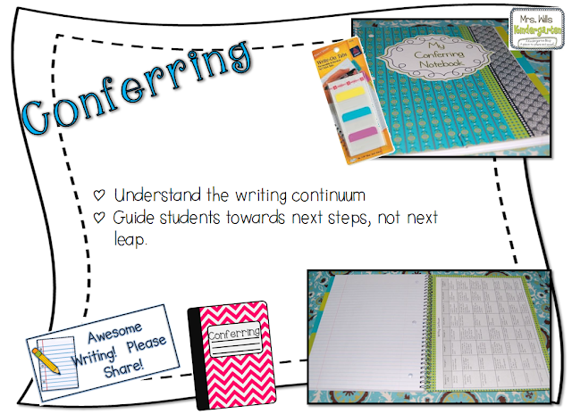 Slide showing conferring tips: Understand the writing continuum; Guide students toward next steps, not next leap
