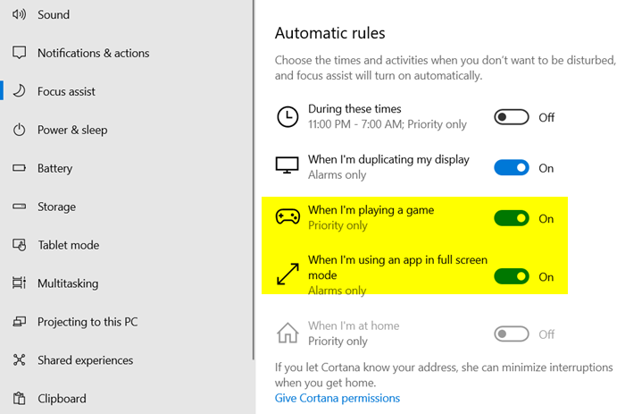 Habilitar notificaciones de pantalla completa en Windows 10