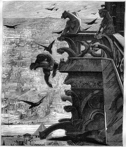 engraving of Quasimodo hanging from a gargoyle high atop Notre Dame