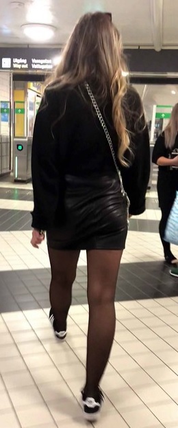 Lovely Leather Ladies in Sweden 3: Blonde in leather skirt
