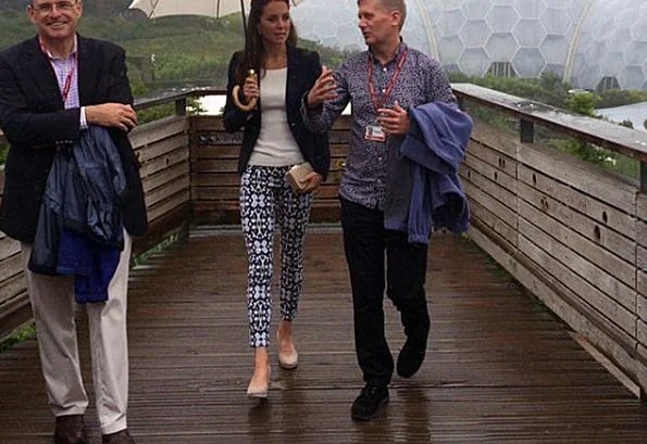 Prince William and Duchess Catherine of Cambridge visit The Isles of Scilly and at Cornwall's Eden Project, wore Smythe One Button Blazer.  GAP BI-Stretch Skinny Ankle Pants, Monsoon Fleur Wedges