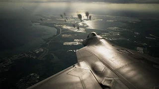 ACE COMBAT™ 7: SKIES UNKNOWN & © BANDAI NAMCO Entertainment Inc.タイラー島を飛行するトリガー機。（F-22ラプター）/ #PS4shre