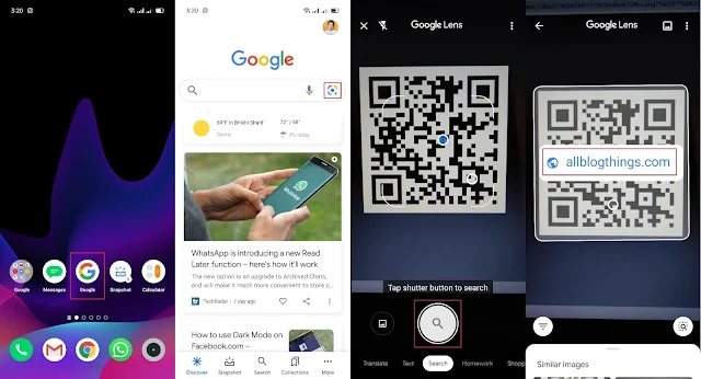 screenshots of Realme 3 Pro smartphone (Android) on how to use Google app for scanning QR codes